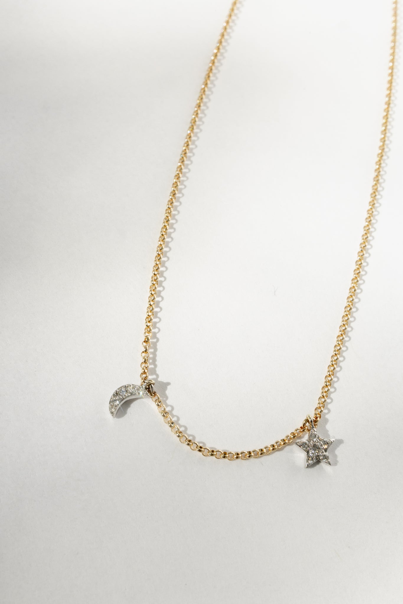 14k YG  & White Gold Diamond Moon & Star Necklace