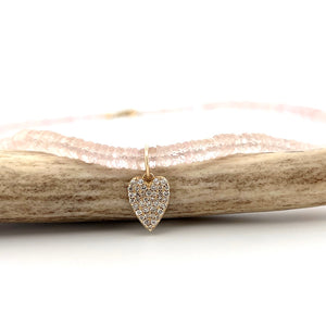 Rose Quartz Beaded Necklace W/ Pave Diamond Heart