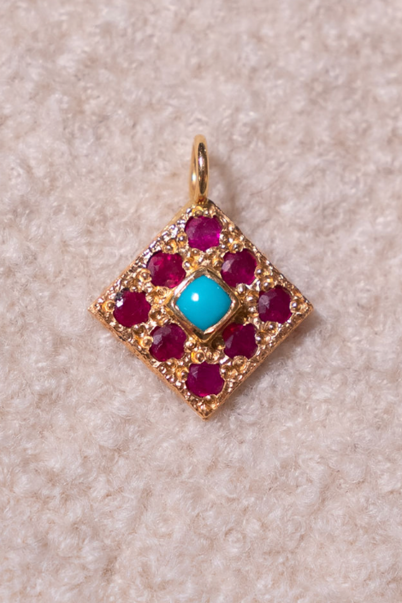 Square Charm Bezel Set Turquoise Cabechon and Bead Set Ruby