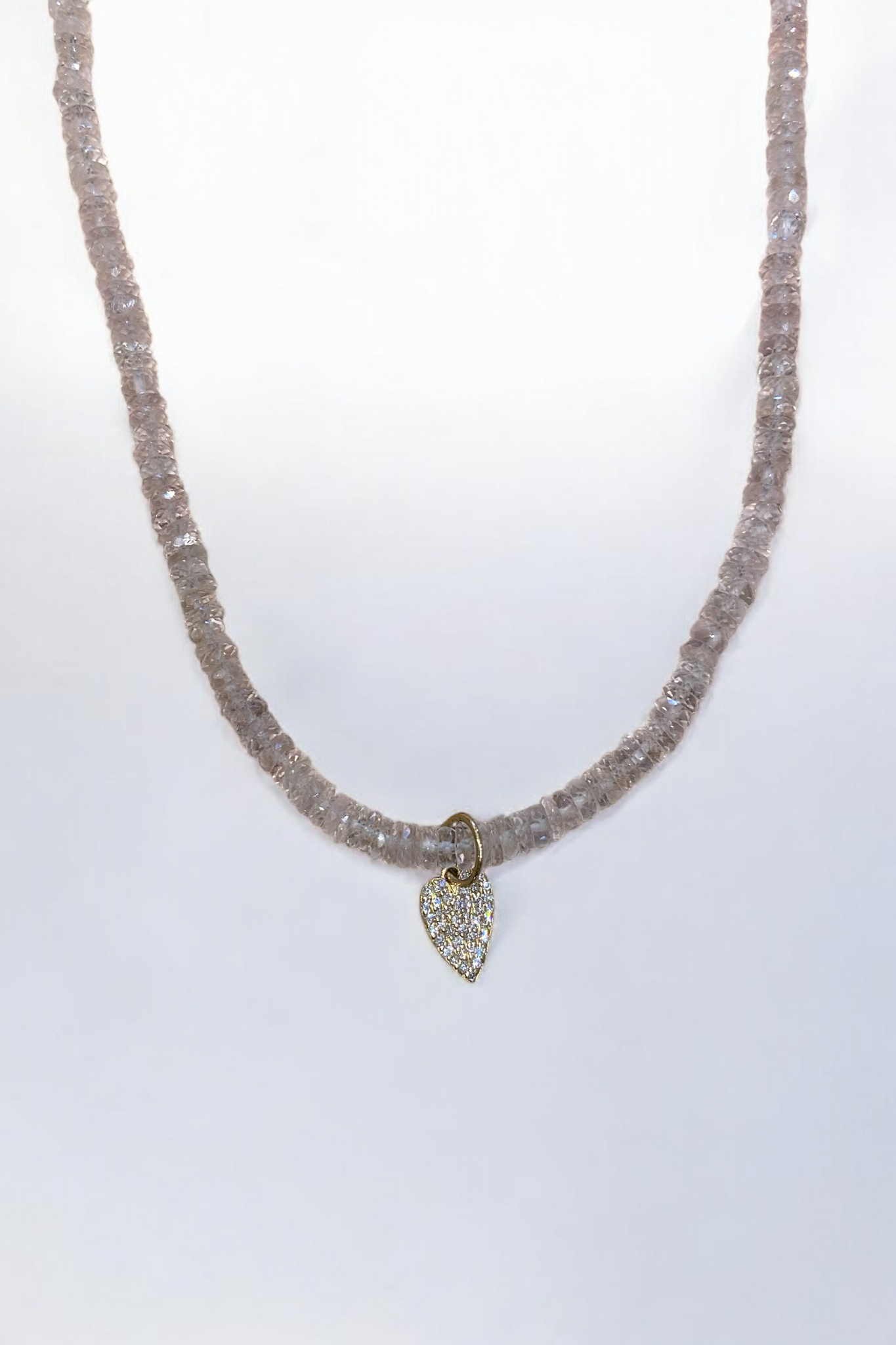 Rose Quartz Beaded Necklace W/ Pave Diamond Heart