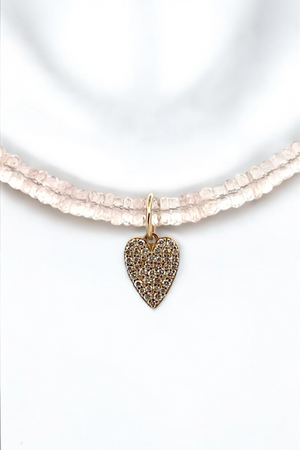 Rose Quartz Beaded Necklace W/ Pave Diamond Heart