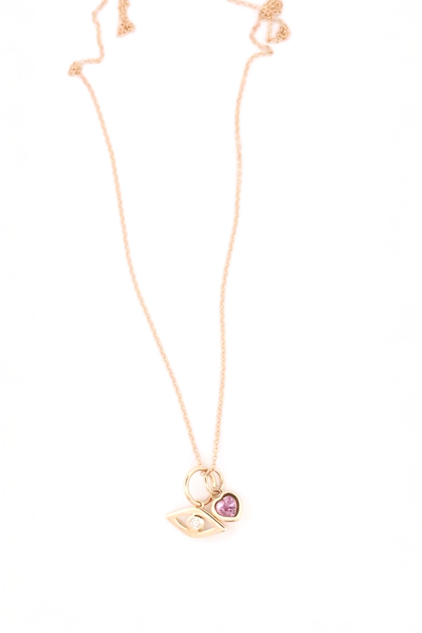Evil Eye and Pink Sapphire Heart Charm Necklace