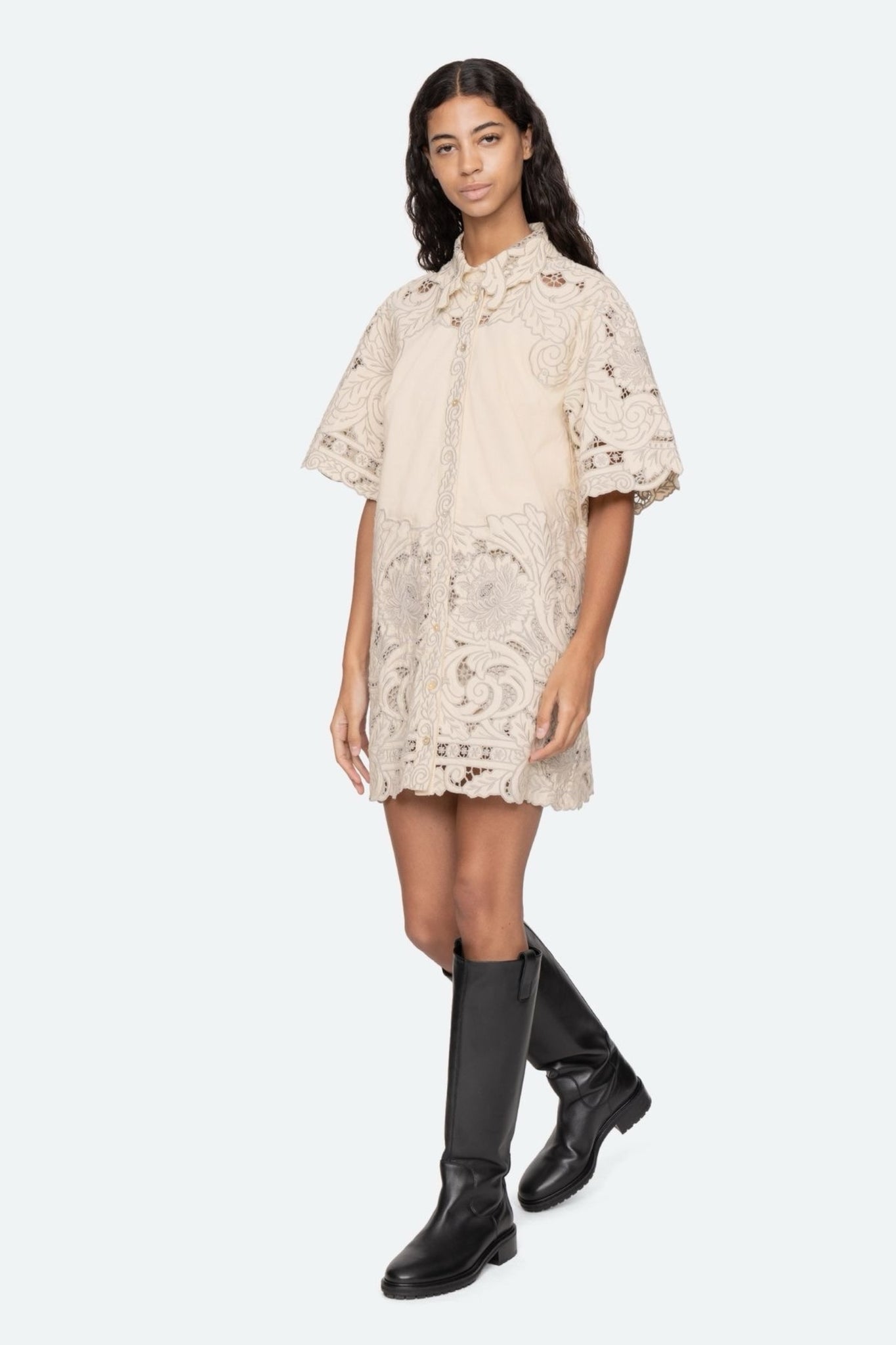 Ceci Embroidery Short Sleeve Shirt Dress