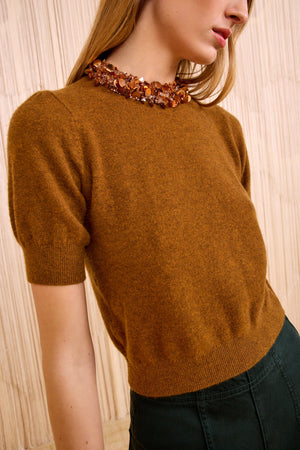 Liv Embroidered Cashmere Short Sleeve Knit